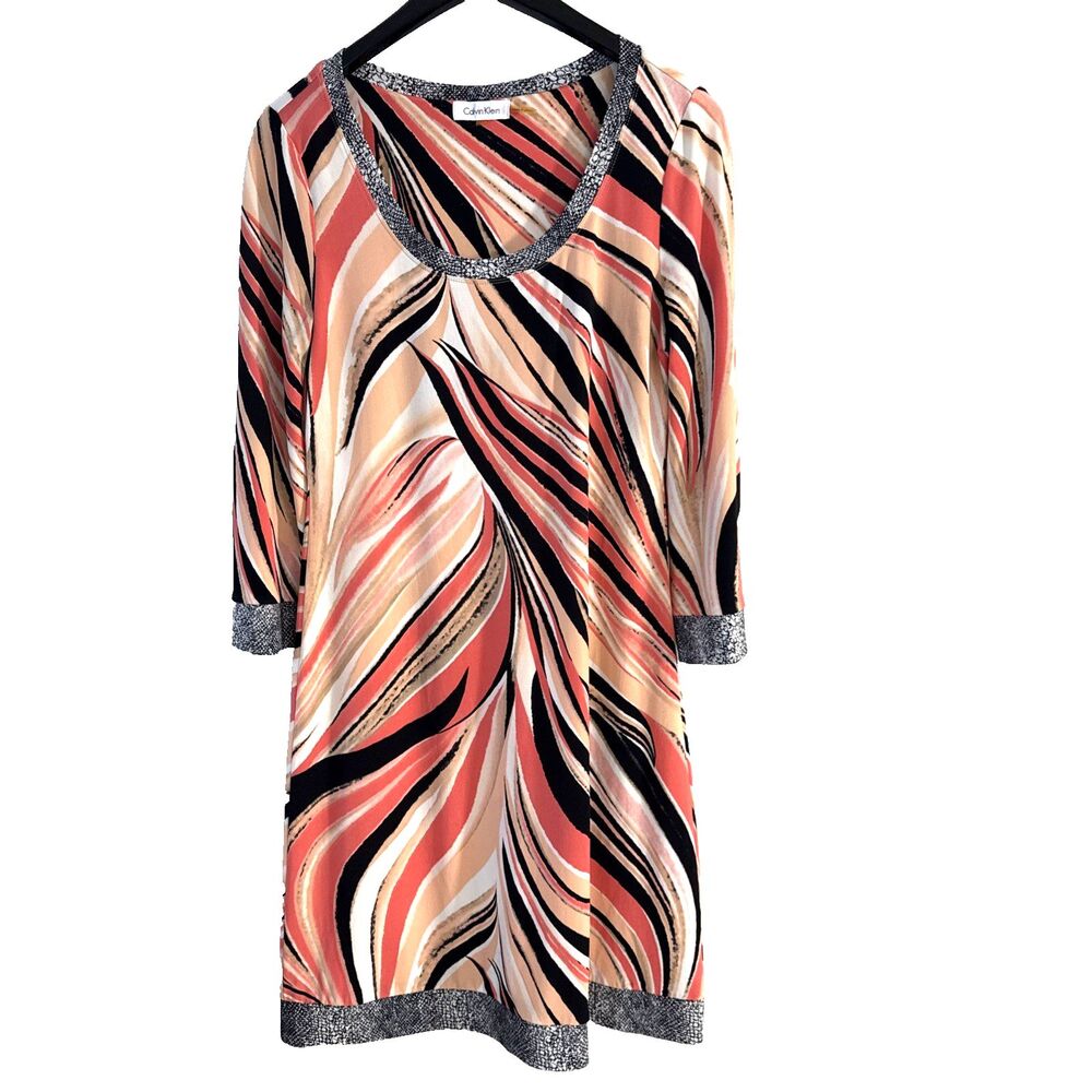 Calvin Klein Peach Black Beige Gray White Multi Swirl Print Shift Dress - M
